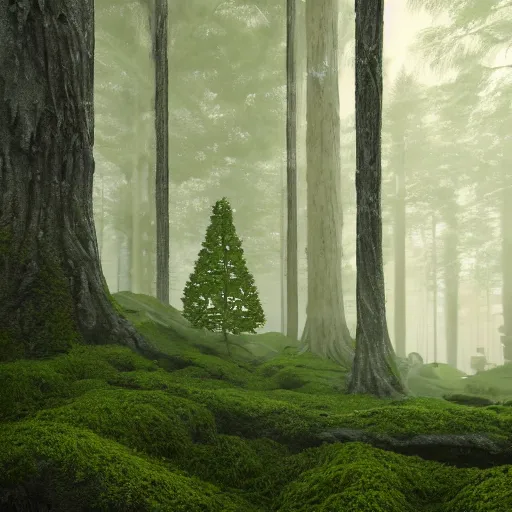 Prompt: Foggy forest with huge trees overgrown with moss and lianas, a hunter in combat wooden exoskeleton with chrome details walks between the roots. beautiful strange detailed painting 8k resolution deviantart trending on Artstation concept art digital illustration Unreal Engine VRay, lots of reflective surfaces, lots of reflective surfaces, subsurface scattering