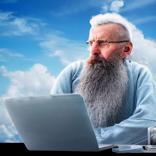 Image similar to realistic photo of a bearded old man sitting on a cloud in the sky using a desktop computer 3 5 mm hdr sunny