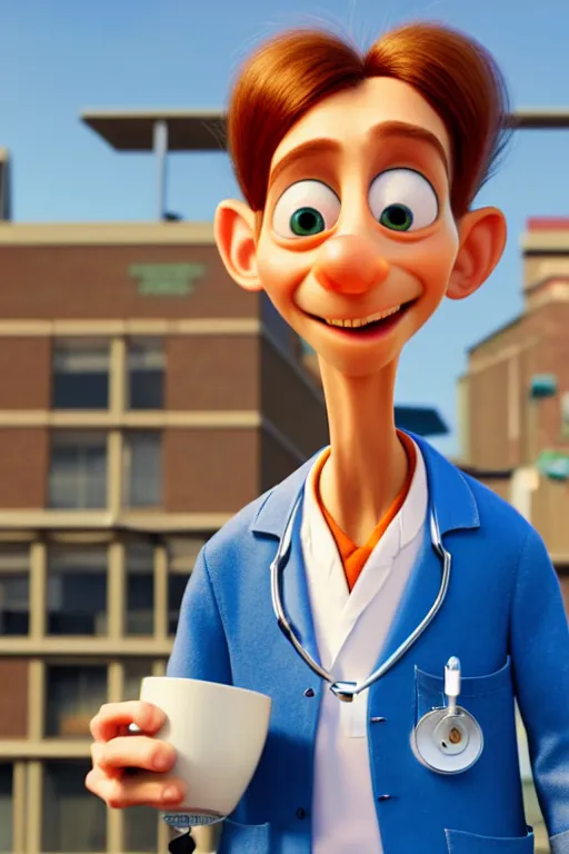 Image similar to portrait of the crazy doctor holding a cup of coffee, hospital in background, full body. pixar disney 4 k 3 d render funny animation movie oscar winning trending on artstation and behance. ratatouille style.