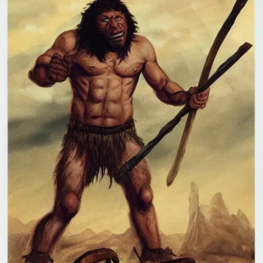 Prompt: prehistoric neanderthal superhero with a club made out of mammoth bone, epic, epical, absolutely epic, simply too epic