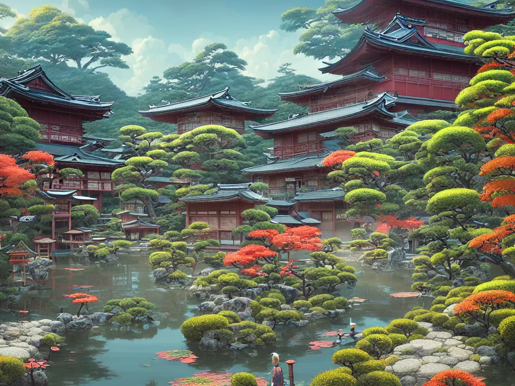 Image similar to old japanese town with garden viewed from harbor, d & d digital painting, ultra realistic, beautiful, volumetric lighting, warm colors advance, cell shading, by james jean, greg rutkowski,