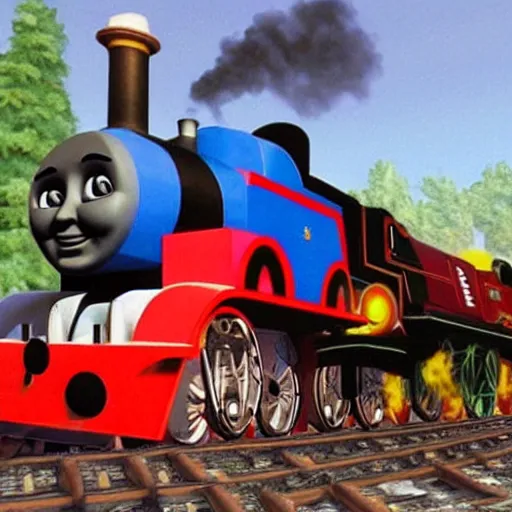 Image similar to thomas the tank engine in the video game twisted metal.