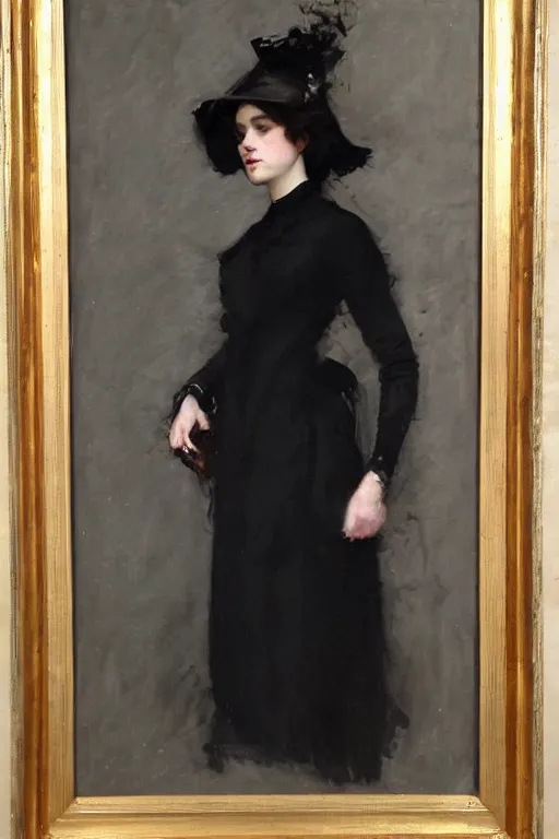 Prompt: Richard Schmid and Jeremy Lipking full length portrait painting of a young beautiful victorian goth detective woman with her hands in her pockets