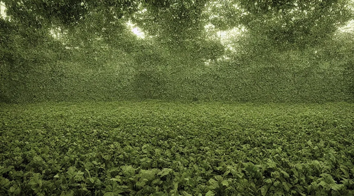 Prompt: stunningly beautiful large format photo of an empty room, one wall opens to psychedelic overgrown alien garden, by jeff wall, 10k