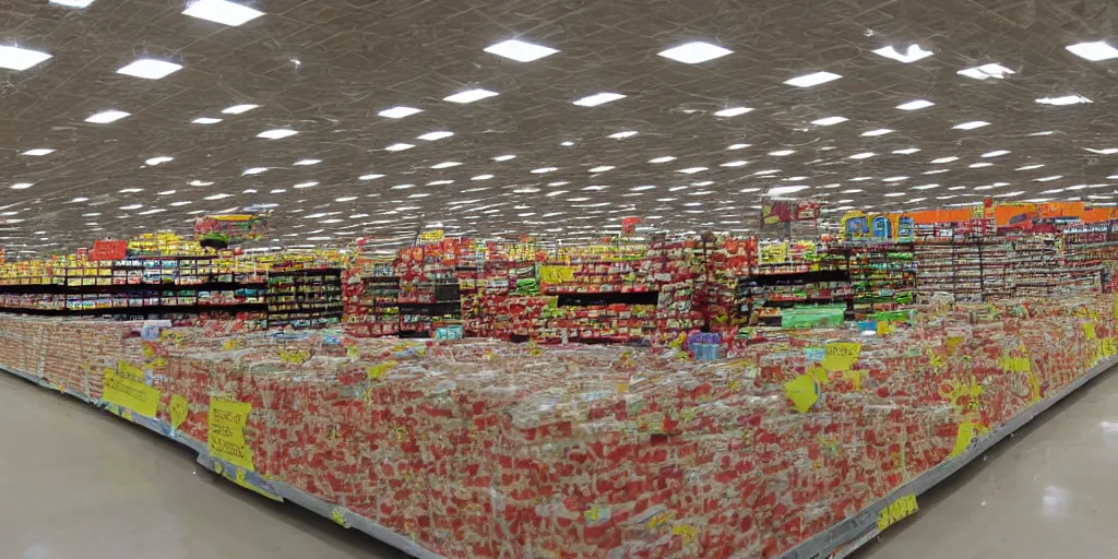 Prompt: the inside of a walmart submerged in baked beans