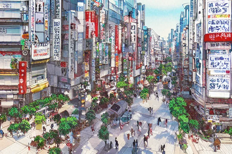 Image similar to Shibuya with traditional Japanese architecture, scene from a Studio Ghibli film, digital painting, concept art by Hayao Miyazaki