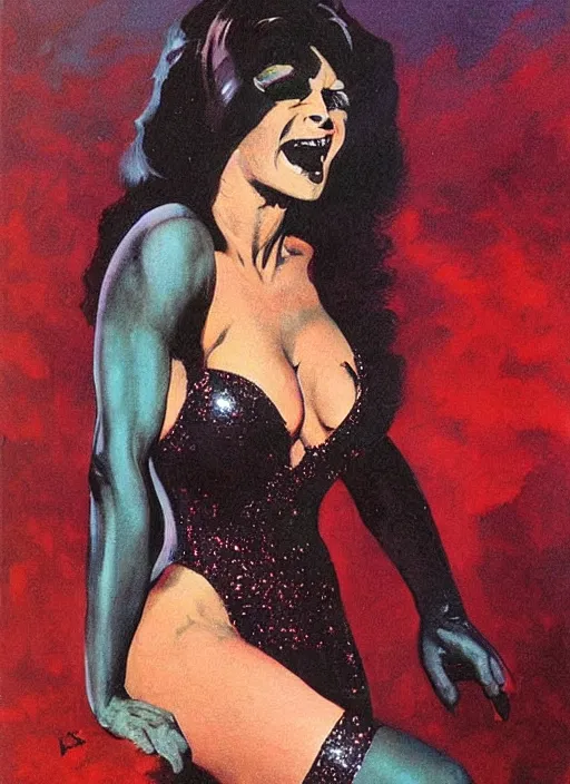 Image similar to seventies horror actress, sequinned dress, dark night, strong line, deep color, beautiful! coherent! by brom, by frank frazetta,