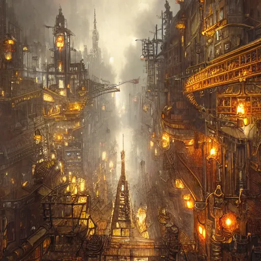 Image similar to artstation concept of a city inspired by steampunk, with numerous steampunk historic elements from industrial light and magic, bright colorful, gold, hyperdetailed, artstation trending, world renowned artists, worth1000.com, historic artworks society, antique renewel, cgsociety, by greg rutkowski, by Gustave Dore, Deviantart
