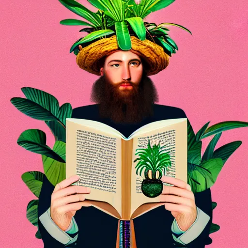 Prompt: HD 8x hyperdetailed illustrated collage portrait of a man with a maximalist hyperrealistic huge hat made of plants, reading a book. flamish baroque solarpunk elements. matte background in pastel tones.