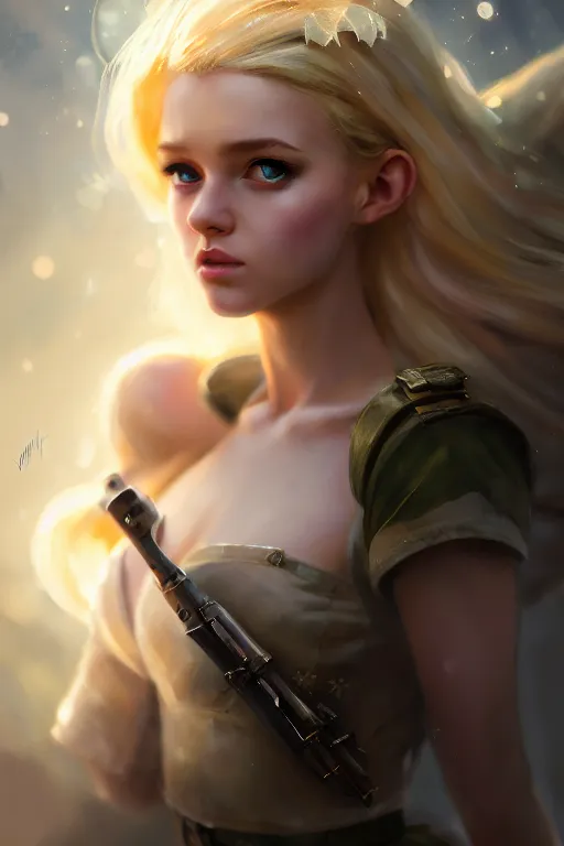 Image similar to cinematic shot of an epic portrait of a cute blonde fairy dressed in military clothes, stylised military clothes, shiny skin, beautiful eyes, beautiful, small details, night setting, realistic poster with volumetric light from craig mallism, artgerm, jeremy lipkin and michael garmash, unreal engine, radiant light, digital art, trends at art station, a masterpiece