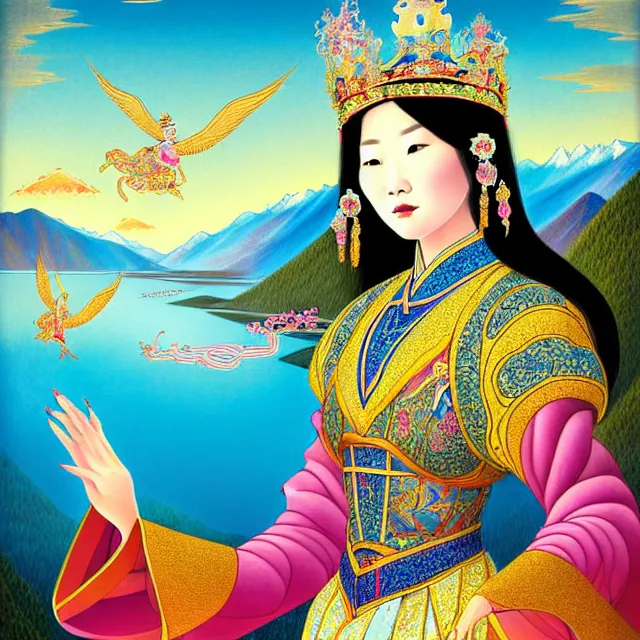 Prompt: portrait of a beautiful asian mongolian princess goddess spreading its wings, portrait of princess wearing a beautiful ornate crown, in the background lake baikal is seen, in the art style of bagshaw tom, by bagshaw tom