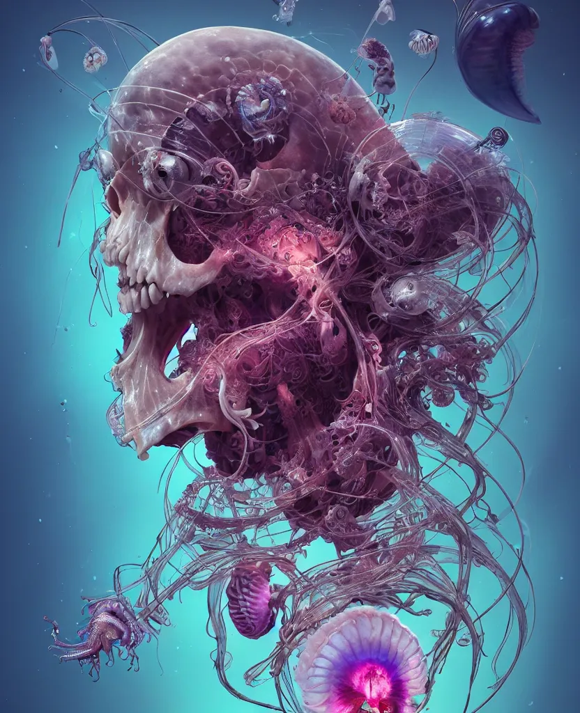 Image similar to goddess close-up portrait ram skull, thorax, x-ray, backbone, jellyfish phoenix head, nautilus, orchid, skull, betta fish, bioluminiscent creatures, intricate artwork by Tooth Wu and wlop and beeple. octane render, trending on artstation, greg rutkowski very coherent symmetrical artwork. cinematic, hyper realism, high detail, octane render, 8k