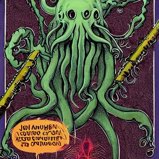 Image similar to Cthulhu as a modern day business man with a family and a drug and gambling addiction, necronomicon is the family Bible , Junji Ito and Greg rutkowski, psychedelic , 50s style infomercial , award winning , retro futuristic