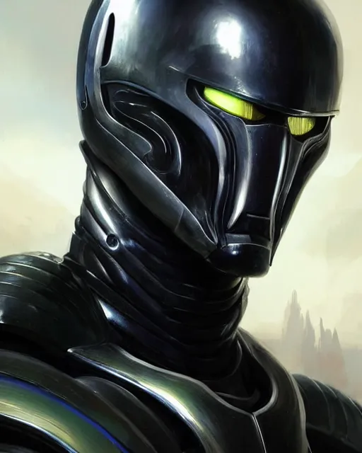 Image similar to iridescent sinewy smooth muscular male sleek glossy black pearlescent scifi armor with smooth black featureless helmet, by greg rutkowski and mark brookes and jim burns and tom bagshaw and magali villeneuve, trending on artstation