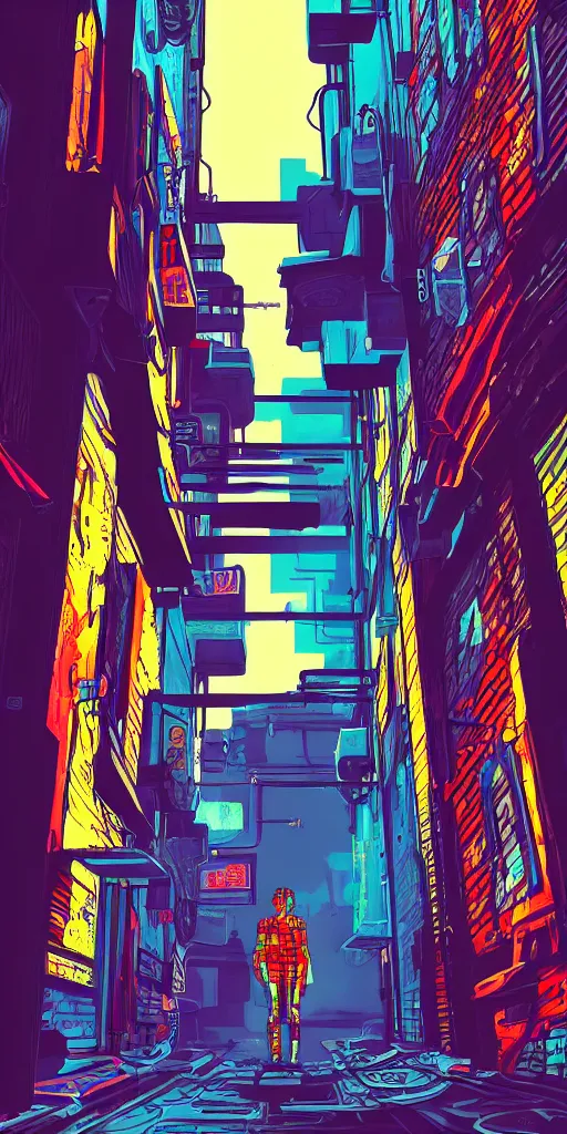 Image similar to person standing in a cyberpunk alley, pop art, markers, rtx, 8 k, ray tracing, highly detailed