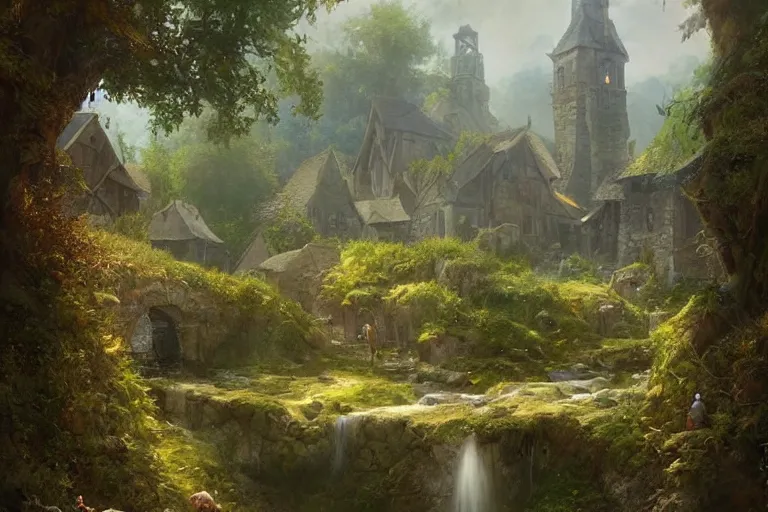 Image similar to a medieval village with a stream in a forested valley by jessica rossier and brian froud cinematic painting