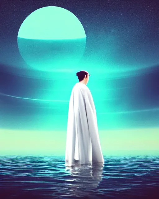 Image similar to a person wearing a white cloak standing in the water. a large planet is overhead. an album cover by stanley twardowicz, trending on cg society, retrofuturism, retrowave, chillwave, synthwave