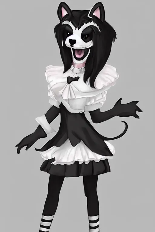 Prompt: a skunk fursona wearing a maid outfit, highly detailed, digital art, trending on artstation, furry art
