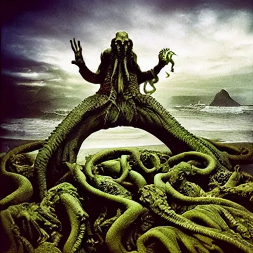 Image similar to invoking ritual of a cthulhu in a large landscape, photography by annie leibovitz