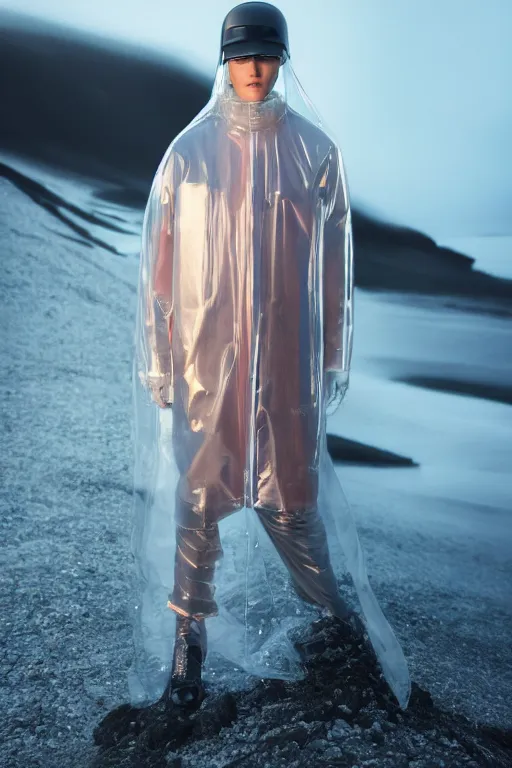 Image similar to an ultra high definition professional high fashion portrait studio full length photograph of a model wearing a transparent pearlescent raincoat and neon visor in an icelandic black rock environment at dawn. no artefacts. extremely detailed. stark. refraction. shallow depth of field. volumetric light and shadow. ray tracing. light rays.