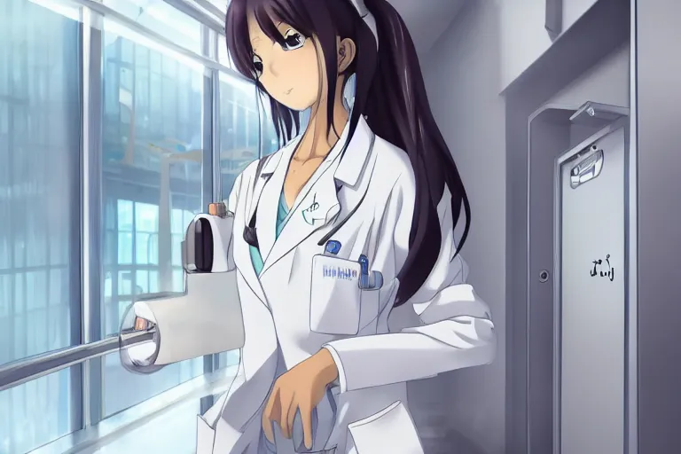 Image similar to a cute and beautiful young lady, a radiologist wearing white coat in a hospital building, highly detailed, slice of life anime, illustration, anime scenery by Makoto shinkai
