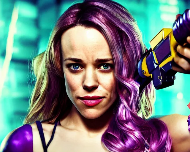 Prompt: Rachel McAdams in heroic pose with weapon, cinematic, 4k, hyper realistic, super detailed, colorful accents, purple hair, golden ratio, symmetrical face, highly detailed professional photo, centered, rim lights, vray caustics, hyper realistic