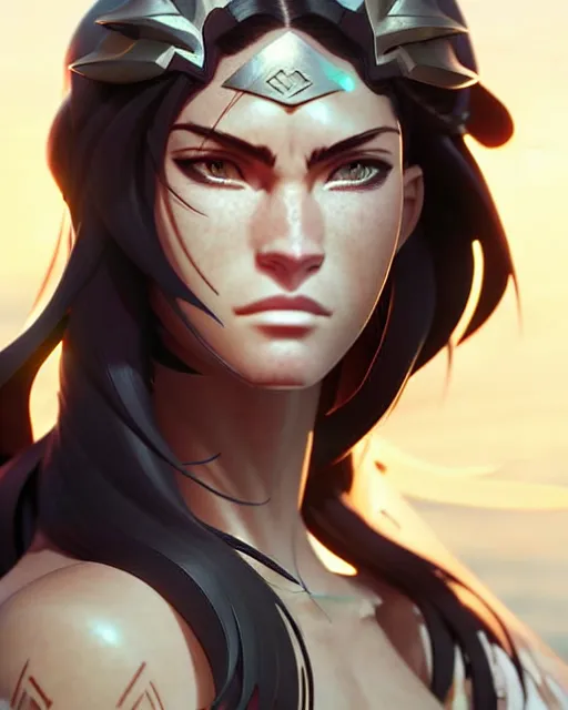 Image similar to azctec warrior, megan fox, detailed perfect face, exquisite details, fire magic, mid view, design on a white background, by studio muti, greg rutkowski makoto shinkai takashi takeuchi studio ghibli