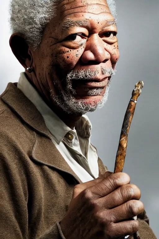 Prompt: Morgan Freeman reprising his role as Bilbo Baggins for a new Lord of the Rings spin-off directed by Peter Jackson, detailed face, good lighting, promo shoot, studio lighting