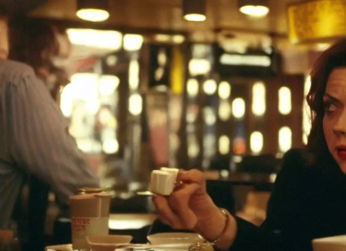 Prompt: cinematic portrait of panicking olivia coleman holding up a glock handgun, in classic diner, paranoid scene from the tense thriller film ( 2 0 0 1 ) directed by spike jonze, hyper - detailed face dramatic backlit window, volumetric hazy lighting, moody cinematography, 3 5 mm kodak color, anamorphic wide angle lens