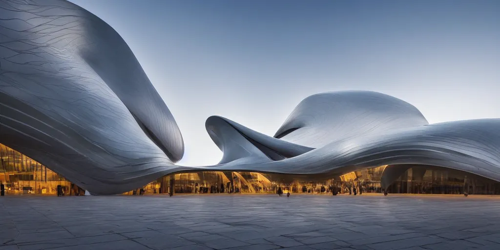 Image similar to extremely elegant smooth detailed stunning sophisticated beautiful elegant futuristic museum exterior by Zaha Hadid, Milan buildings in the background, smooth curvilinear design, stunning volumetric light, stainless steal, concrete, translucent material, beautiful sunset, tail lights