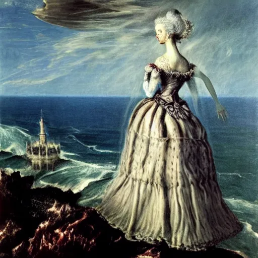 Prompt: Marie Antoinette levitating over the sea. by El Greco, Remedios Varo, Salvador Dali, Carl Gustav Carus, John Atkinson Grimshaw. high detail, great lighting, 8k resolution, masterpiece, concept art, illustration