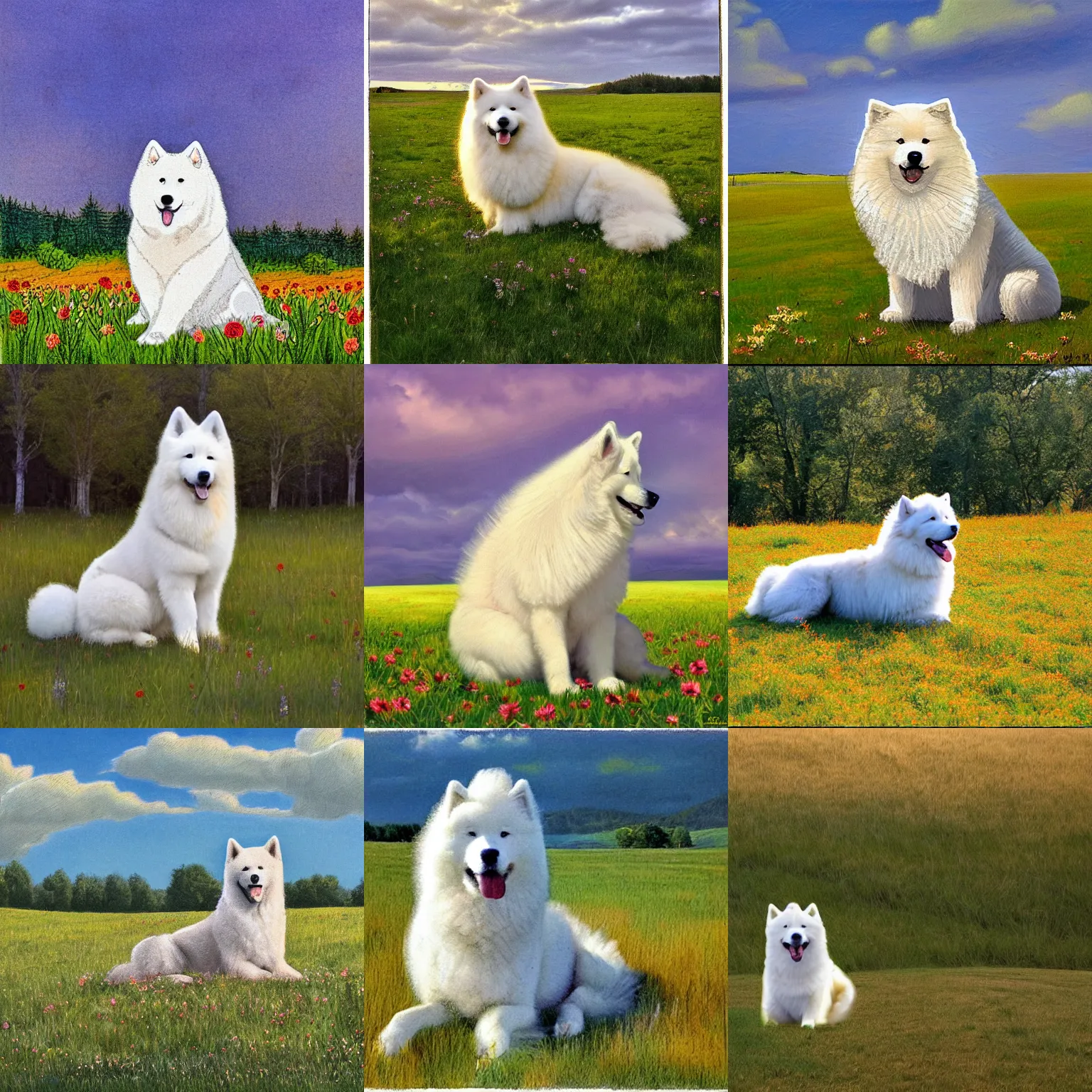 Prompt: a samoyed dog sitting in the middle of sunny meadow, colored, by boris diodorov