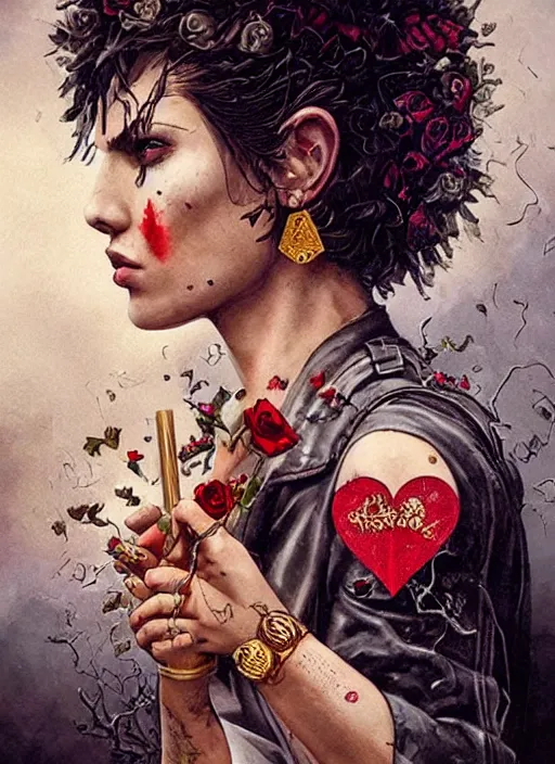 Image similar to tarot card :: horror :: hearts and roses :: cigarettes and smoke :: gold and silver :: guns and swords :: side profile :: highly details :: intricate details :: Sandra Chevrier and bastien lecouffe deharme