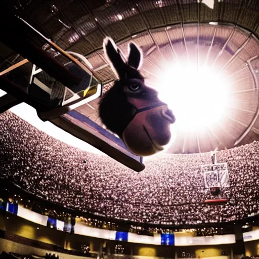 Prompt: film still of a llama in a jersey dunking a basketball like michael jordan, low angle, show from below, tilted frame, 3 5 °, dutch angle, extreme long shot, high detail, indoors, dramatic backlighting.