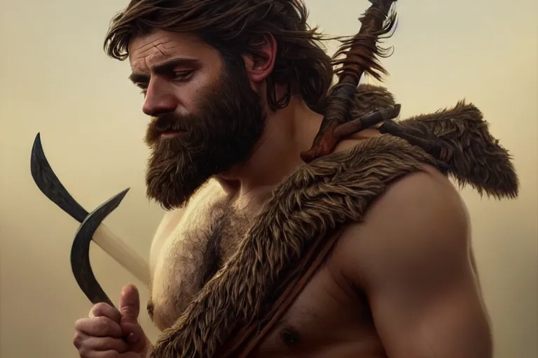 Prompt: photorealistic full body portrait of a gruff ranger with a spear, lean and toned, handsome face, hairy chest and hairy body, D&D, intricate, elegant, highly detailed, digital painting, artstation, concept art, matte, sharp focus, chiaroscuro, well list, illustration, art by Artgerm and Greg Rutkowski and Alphonse Mucha