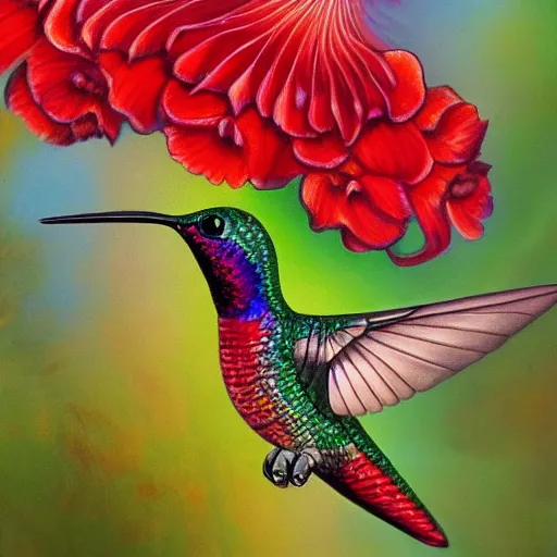 Prompt: closeup detailed painting of iridescent hummingbird sipping nectar from red flower in the style of hans zatzka