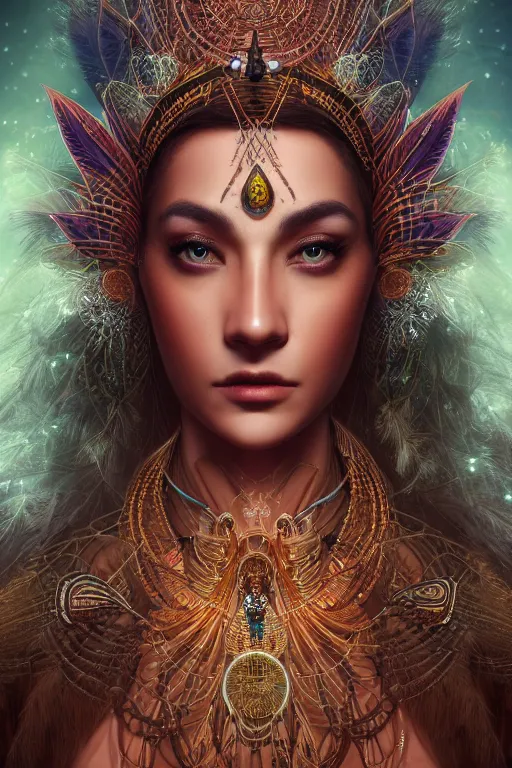 Image similar to a centered render of a single alluring mystical tribal goddess adorned with feathers and gemstones and cables and synthesizer parts is surrounded by sacred geometry made from elven architecture, full body, gorgeous, perfect face, powerful, cinematic, beautifully lit, by artgerm, by karol bak, 3 d, trending on artstation, octane render, 8 k