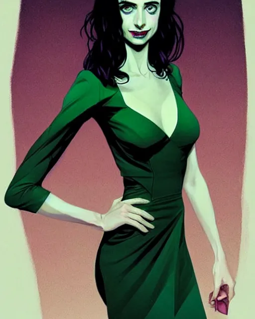 Prompt: beautiful witch Krysten Ritter, style of Joshua Middleton comic book art, Nick Dragotta comic art, black and green eyes, symmetrical face, symmetrical eyes, scary smile, full body, dark green dress