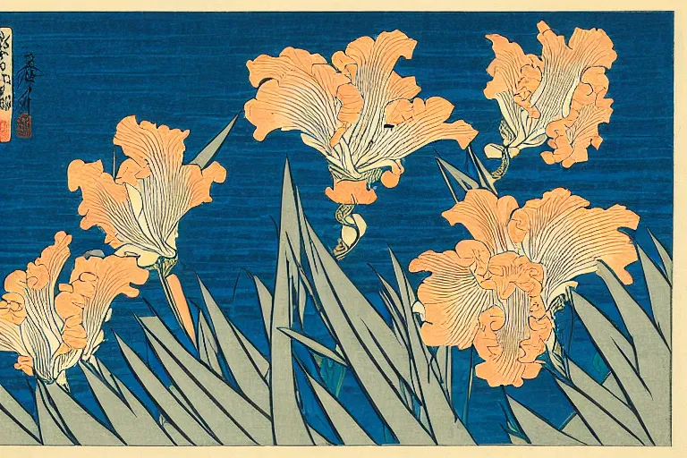 Image similar to a masterful ukiyo - e print of irises by katsushika hokusai, utagawa kuniyoshi and utagawa hiroshige, hyperdetailed, intricate, colorful, illustration, complex, closeup, 4 k