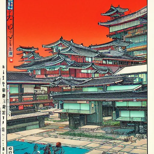 Image similar to 1979 travel magazine cover depicting a futuristic Japanese village at street level. Art in the style of Moebius, cyberpunk, masterpiece