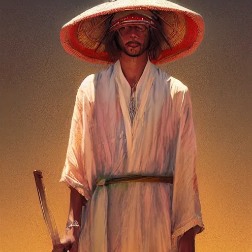 Prompt: portrait of a blindfolded man wearing a multicolored tunic and a large straw hat, detailed face, highly detailed, cinematic lighting, digital art painting by greg rutkowski