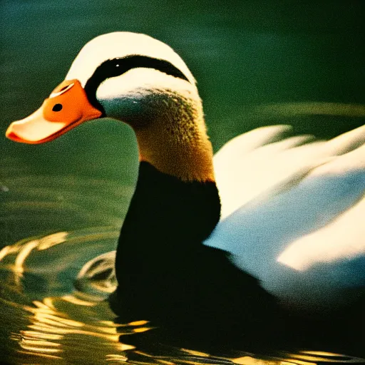 Prompt: A closeup film photography of a Duck, photo bySlim Aarons, award winning, 4K