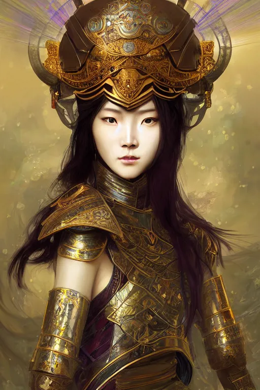 Image similar to beautiful and luxury and holy and elite and colorlpunk young three kingdom chinese female armor knight portrait +shinnyy eyes+front face with light flowing hair, ultradetail face, art and illustration by tian zi and craig mullins and WLOP and alphonse mucha, fantasy, intricate complexity, human structure, human anatomy, fantasy character concept, watermark, blurry, hyperrealism 8k