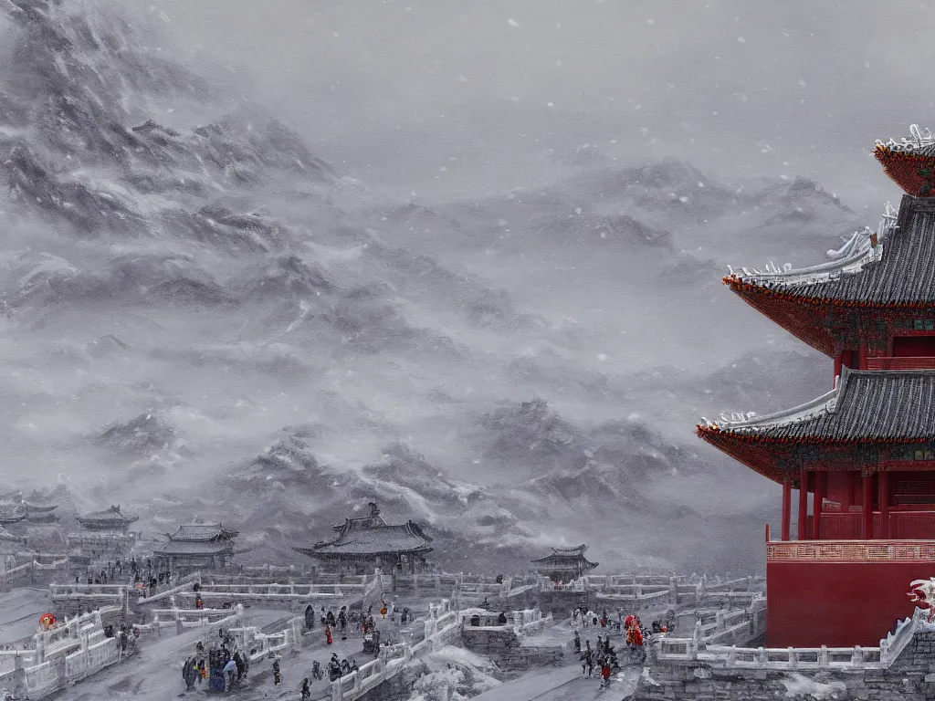 Image similar to the forbidden city on the snow mountain is on fire, highly detailed, blizzard, cinematic landscape ， on a snowy day, by xu beihong