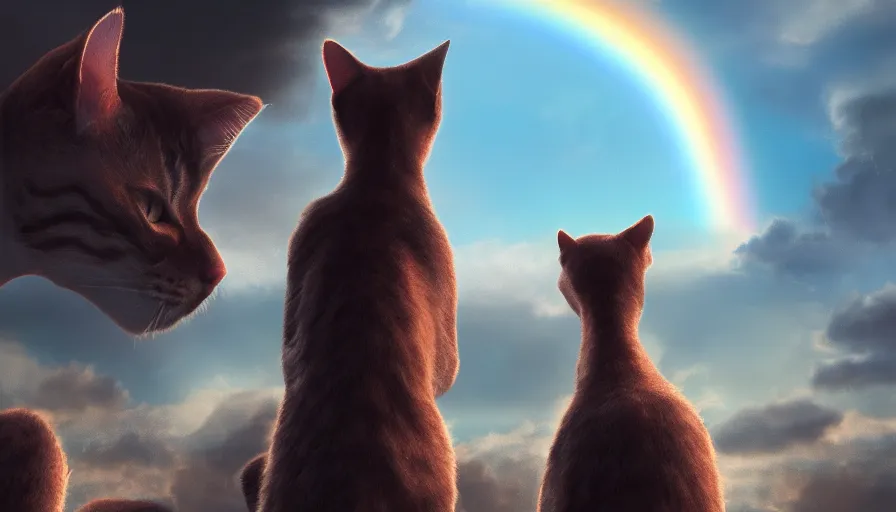 Prompt: back view of cats looking at rainbow, volumetric light, cloudy sky, hyperdetailed, artstation, cgsociety, 8 k