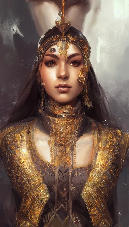 Image similar to a finely detailed full body portrait of a dusky queen in a medieval warzone, symmetrical facial features, intricate, elegant, digital painting, trending on Artstation, concept art, smooth, sharp focus, illustration, by Ruan Jia and Mandy Jurgens and Artgerm