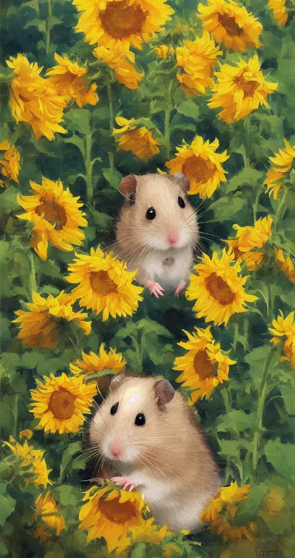 Image similar to a highly detailed beautiful portrait of a cute little hamster surrounded by beautiful sunflowers, by gregory manchess, james gurney, james jean