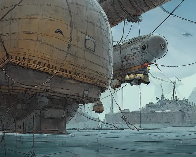 Image similar to Airship tied up to a floating dock, by Ian McQue