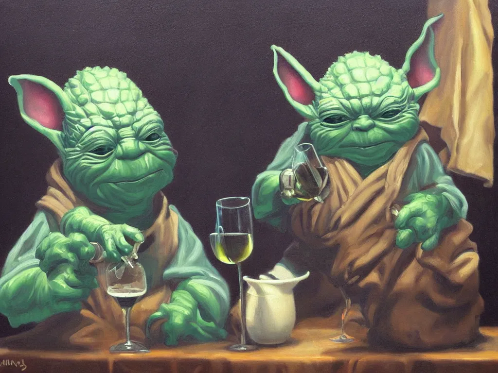 Image similar to an old oil painting of a dizzy yoda drinking wine, trending on artstation