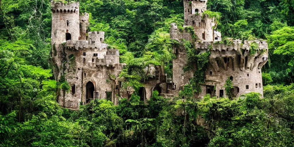 Image similar to a gentle powerful king live in his castle in the middle of the jungle, professional photography